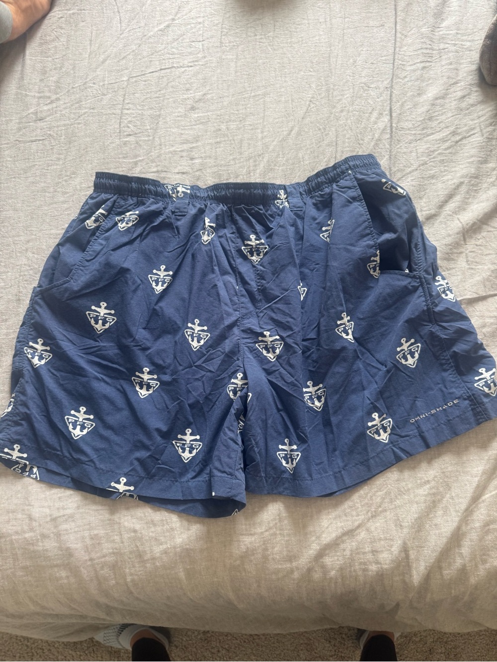 Men's PFG Navy Anchor Print Swim Trunks